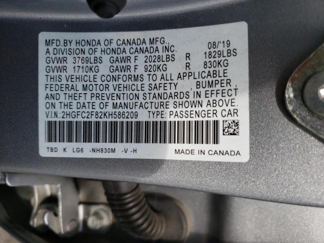 2HGFC2F82KH586209 - 2019 HONDA CIVIC SPOR Күміс фото 10