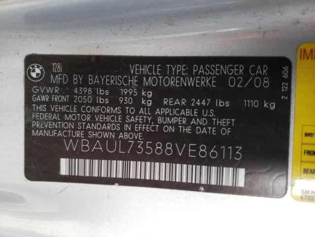 WBAUL73588VE86113 - 2008 BMW 128 I SILVER photo 10