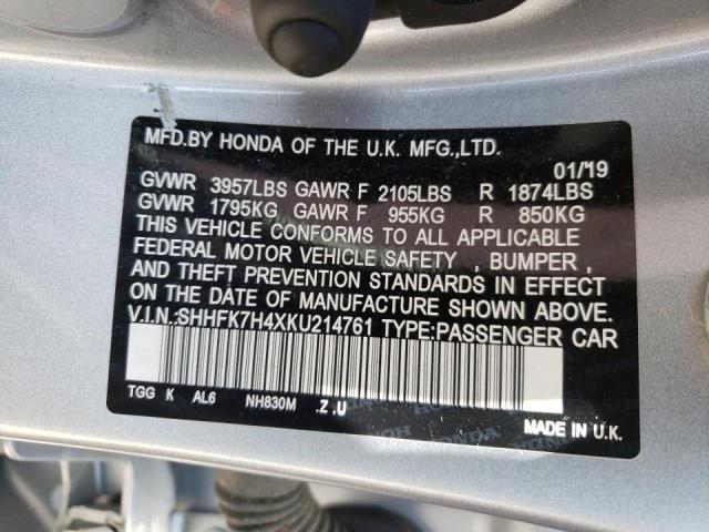 SHHFK7H4XKU214761 - 2019 HONDA CIVIC SPOR SILVER photo 10