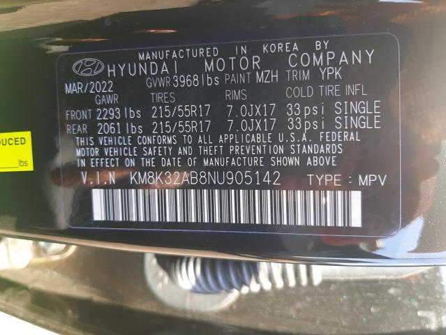 KM8K32AB8NU905142 - 2022 HYUNDAI KONA SEL BLACK photo 10