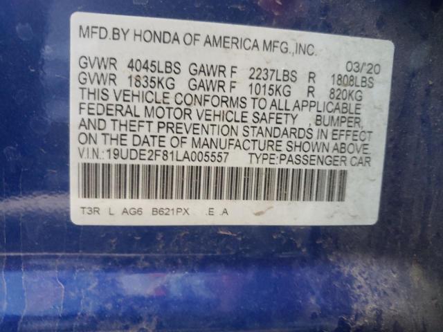 19UDE2F81LA005557 - 2020 ACURA ILX PREMIU BLUE photo 10