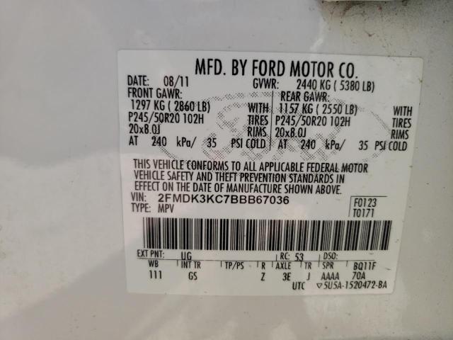 2FMDK3KC7BBB67036 - 2011 FORD EDGE LIMIT WHITE photo 10