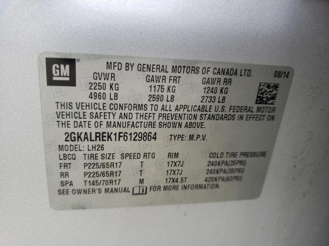 2GKALREK1F6129864 - 2015 GMC TERRAIN SILVER photo 10