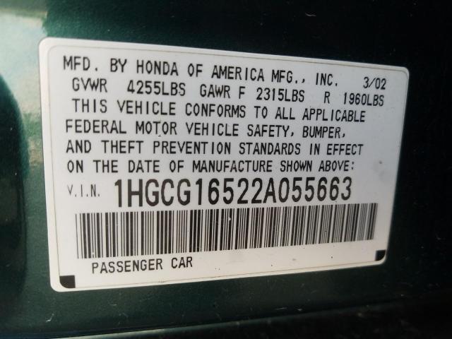 1HGCG16522A055663 - 2002 HONDA ACCORD EX GREEN photo 10