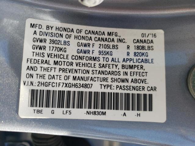 2HGFC1F7XGH634807 - 2016 HONDA CIVIC EXL Gümüş foto 10