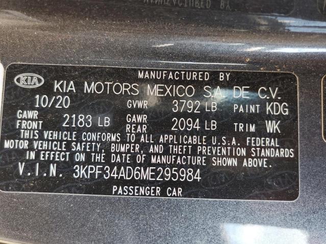 3KPF34AD6ME295984 - 2021 KIA FORTE GT L GRAY photo 10