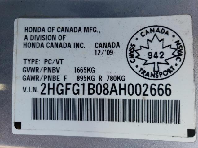 2HGFG1B08AH002666 - 2010 HONDA CIVIC EXL SILVER photo 10