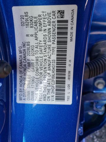 2HGFC2F89LH543133 - 2020 HONDA CIVIC SPOR 蓝色 照片 10