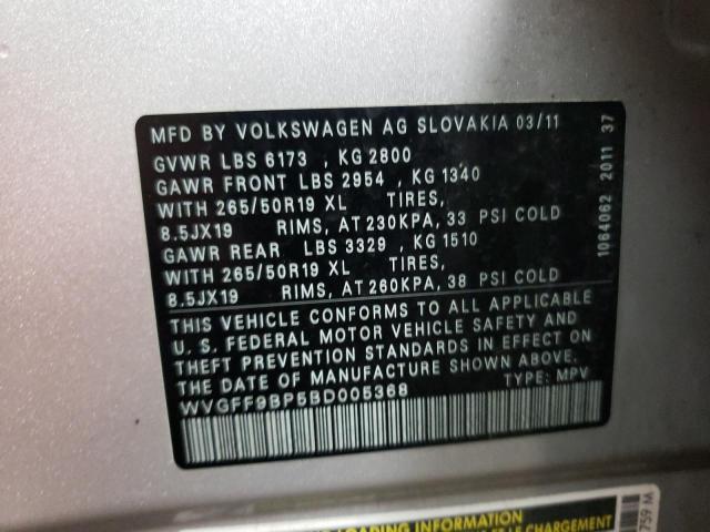 WVGFF9BP5BD005368 - 2011 VOLKSWAGEN TOUAREG V6 SILVER photo 10