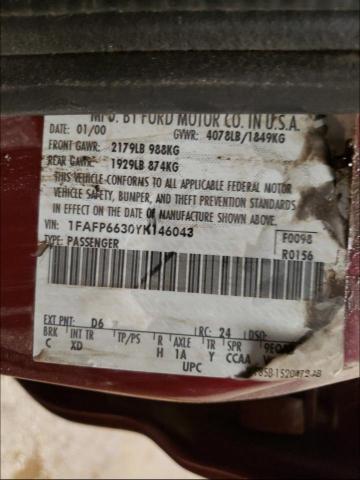 1FAFP6630YK146043 - 2000 FORD CONTOUR SE MAROON photo 10