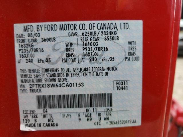 2FTRX18W64CA01153 - 2004 FORD F-150 HERI RED photo 10