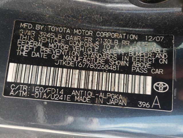 JTKDE167780268481 - 2008 TOYOTA SCION TC Bleu photo 10