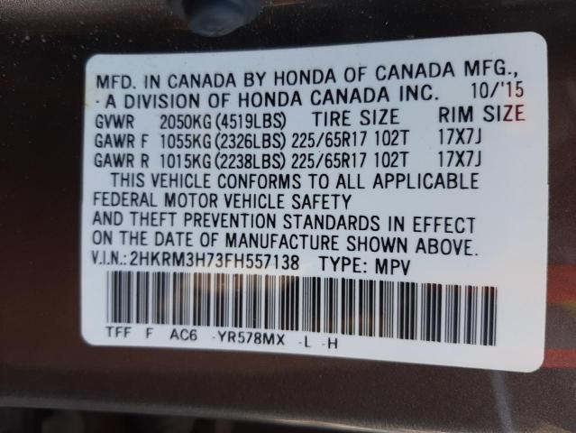 2HKRM3H73FH557138 - 2015 HONDA CR-V EXL GRAY photo 10