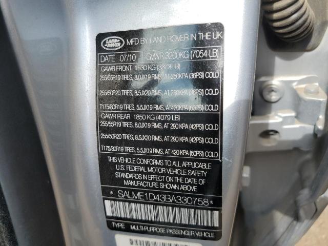 SALME1D43BA330758 - 2011 LAND ROVER RANGE ROVE SILVER photo 10