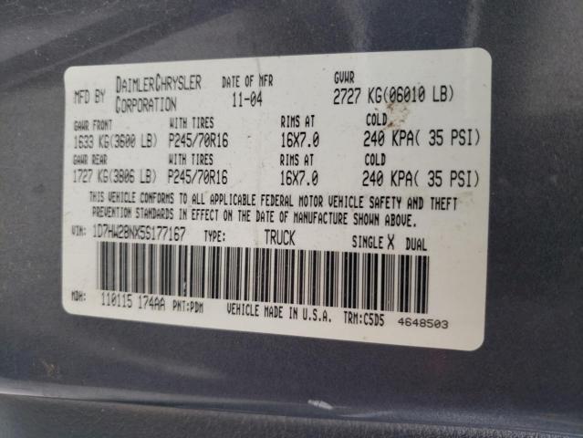 1D7HW28NX5S177167 - 2005 DODGE DAKOTA QUA GRAY photo 10