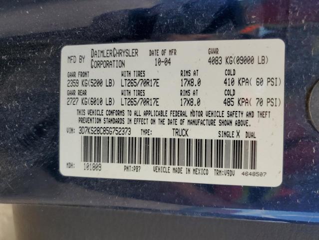 3D7KS28C85G752373 - 2005 DODGE RAM 2500 S BLUE photo 10