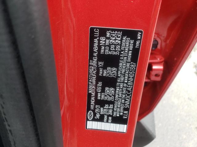 5NMJCCAE8NH051387 - 2022 HYUNDAI TUCSON SEL RED photo 10