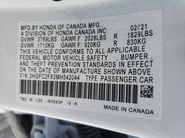 2HGFC2F83MH542044 - 2021 HONDA CIVIC SPOR WHITE photo 10