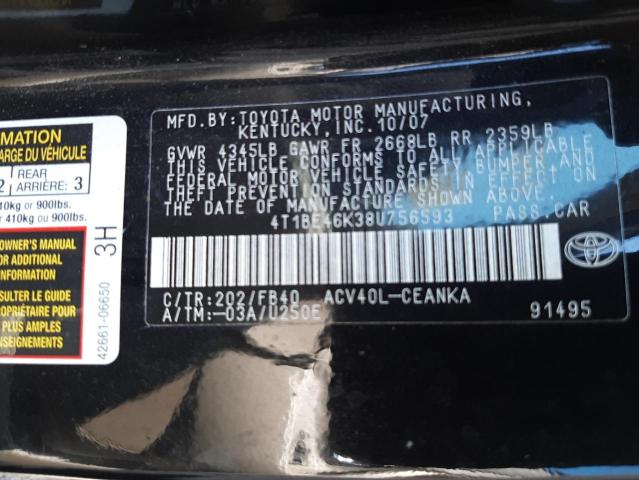 4T1BE46K38U756593 - 2008 TOYOTA CAMRY CE BLACK photo 10