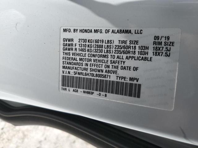 5FNRL6H70LB005871 - 2020 HONDA ODYSSEY EX WHITE photo 10