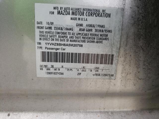 1YVHZ8BH8A5M20758 - 2010 MAZDA 6 I SILVER photo 10