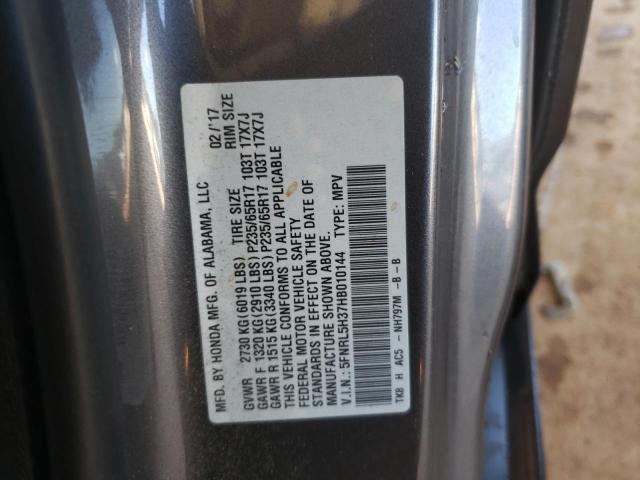 5FNRL5H37HB010144 - 2017 HONDA ODYSSEY SE GRAY photo 10