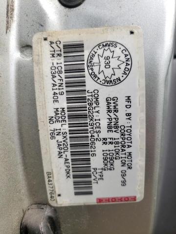 JT2BG22K9Y0406216 - 2000 TOYOTA CAMRY CE SILVER photo 10