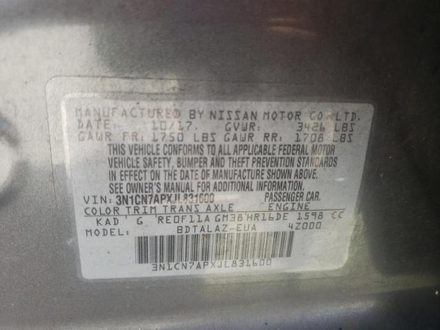 3N1CN7APXJL831600 - 2018 NISSAN VERSA S GRAY photo 10