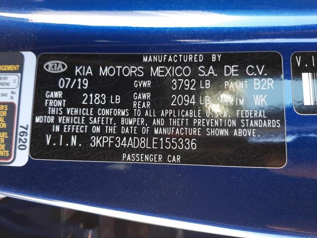 3KPF34AD8LE155336 - 2020 KIA FORTE GT L BLUE photo 10