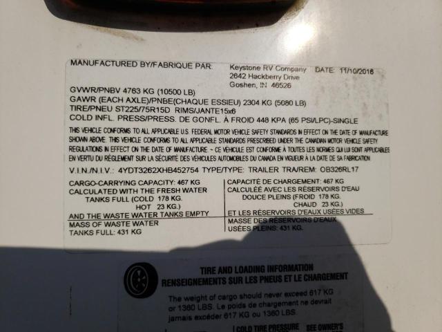 4YDT3262XHB452754 - 2017 KEYSTONE OUTBACK WHITE photo 10