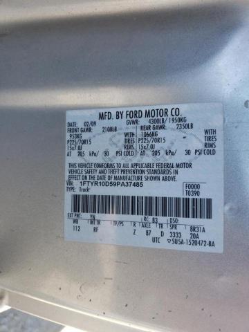 1FTYR10D59PA37485 - 2009 FORD RANGER SILVER photo 10