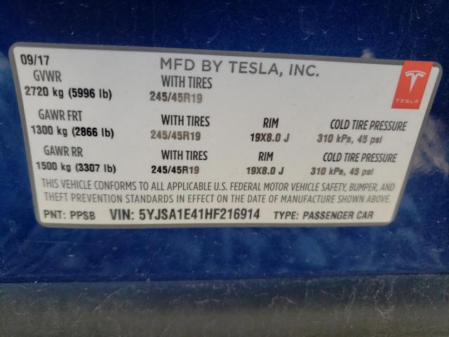 5YJSA1E41HF216914 - 2017 TESLA MODEL S Կապույտ լուսանկար 10