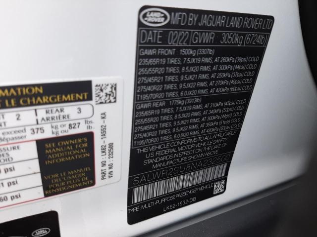 SALWR2SU8NA232500 - 2022 LAND ROVER RANGE ROVE WHITE photo 10