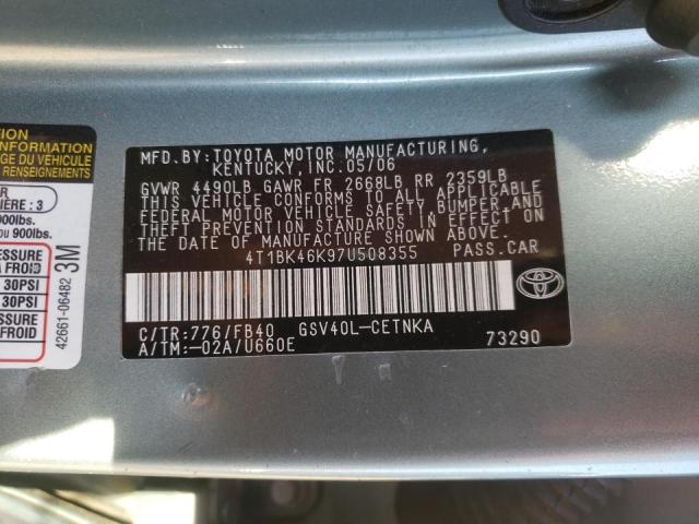 4T1BK46K97U508355 - 2007 TOYOTA CAMRY LE TEAL photo 10