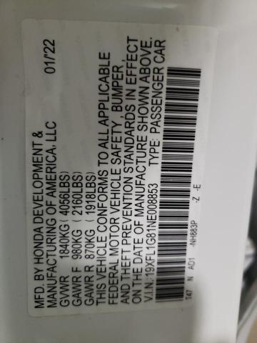 19XFL1G81NE008853 - 2022 HONDA CIVIC SPOR WHITE photo 10