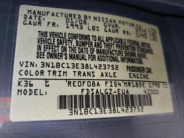 3N1BC13E38L423752 - 2008 NISSAN VERSA S GRAY photo 10