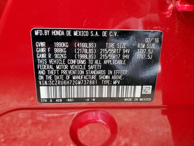 3CZRU6H72GM737881 - 2016 HONDA HR-V EXL RED photo 10