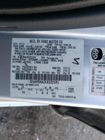 3FAHP0HA2CR322595 - 2012 FORD FUSION SE SILVER photo 10