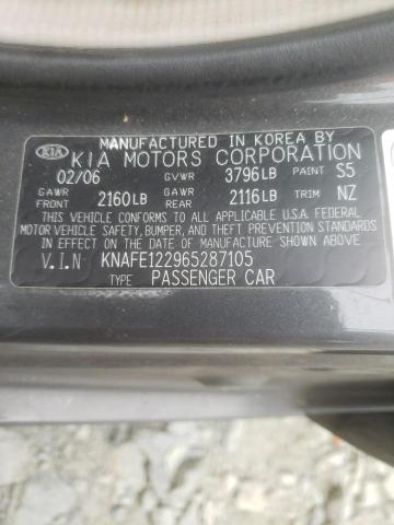 KNAFE122965287105 - 2006 KIA SPECTRA LX GRAY photo 10