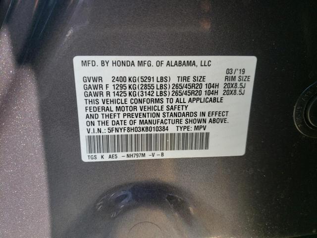 5FNYF8H03KB010384 - 2019 HONDA PASSPORT E 灰色 照片 10