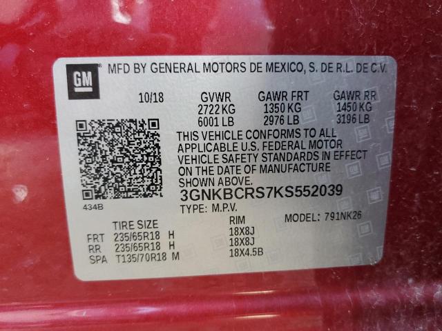 3GNKBCRS7KS552039 - 2019 CHEVROLET BLAZER 2LT RED photo 10