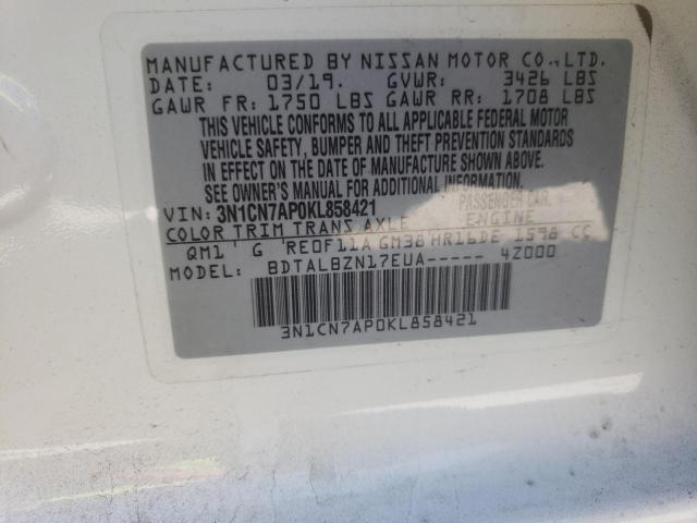 3N1CN7AP0KL858421 - 2019 NISSAN VERSA S WHITE photo 10