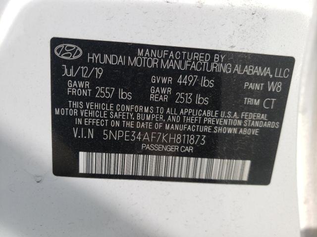 5NPE34AF7KH811873 - 2019 HYUNDAI SONATA LIM WHITE photo 10