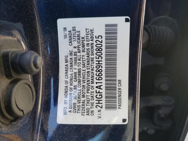 2HGFA16689H508025 - 2009 HONDA CIVIC LX-S Mavi foto 10