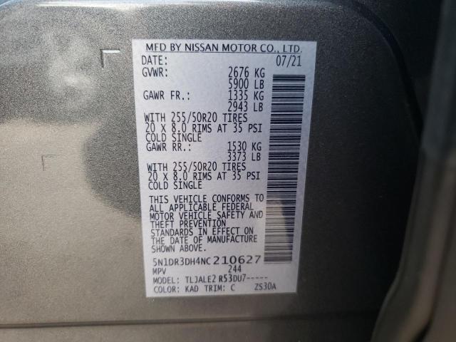 5N1DR3DH4NC210627 - 2022 NISSAN PATHFINDER CHARCOAL photo 10