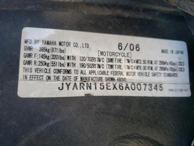 JYARN15EX6A007345 - 2006 YAMAHA YZFR1 BLACK photo 10