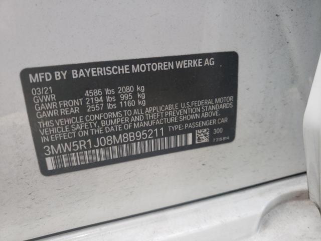 3MW5R1J08M8B95211 - 2021 BMW 330I WHITE photo 10