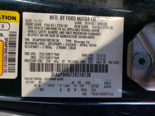 3FA6P0HD7ER218138 - 2014 FORD FUSION SE BLACK photo 10