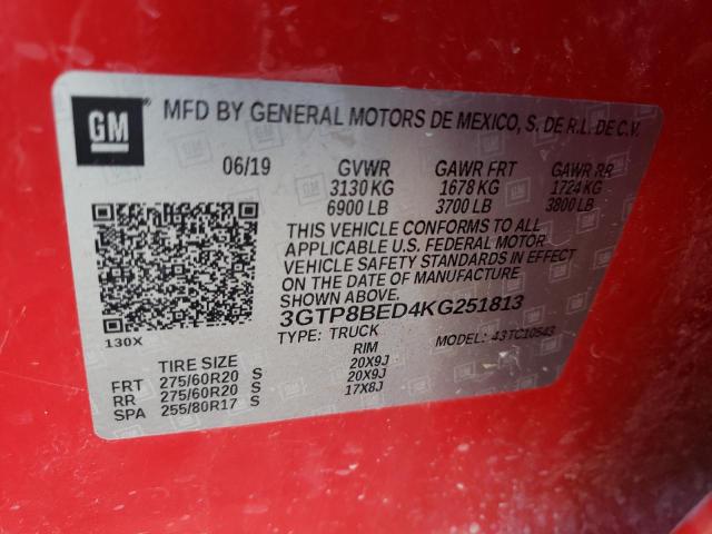 3GTP8BED4KG251813 - 2019 GMC SIERRA C15 RED photo 10