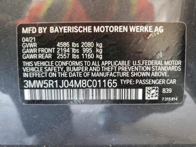 3MW5R1J04M8C01165 - 2021 BMW 330I GRAY photo 10